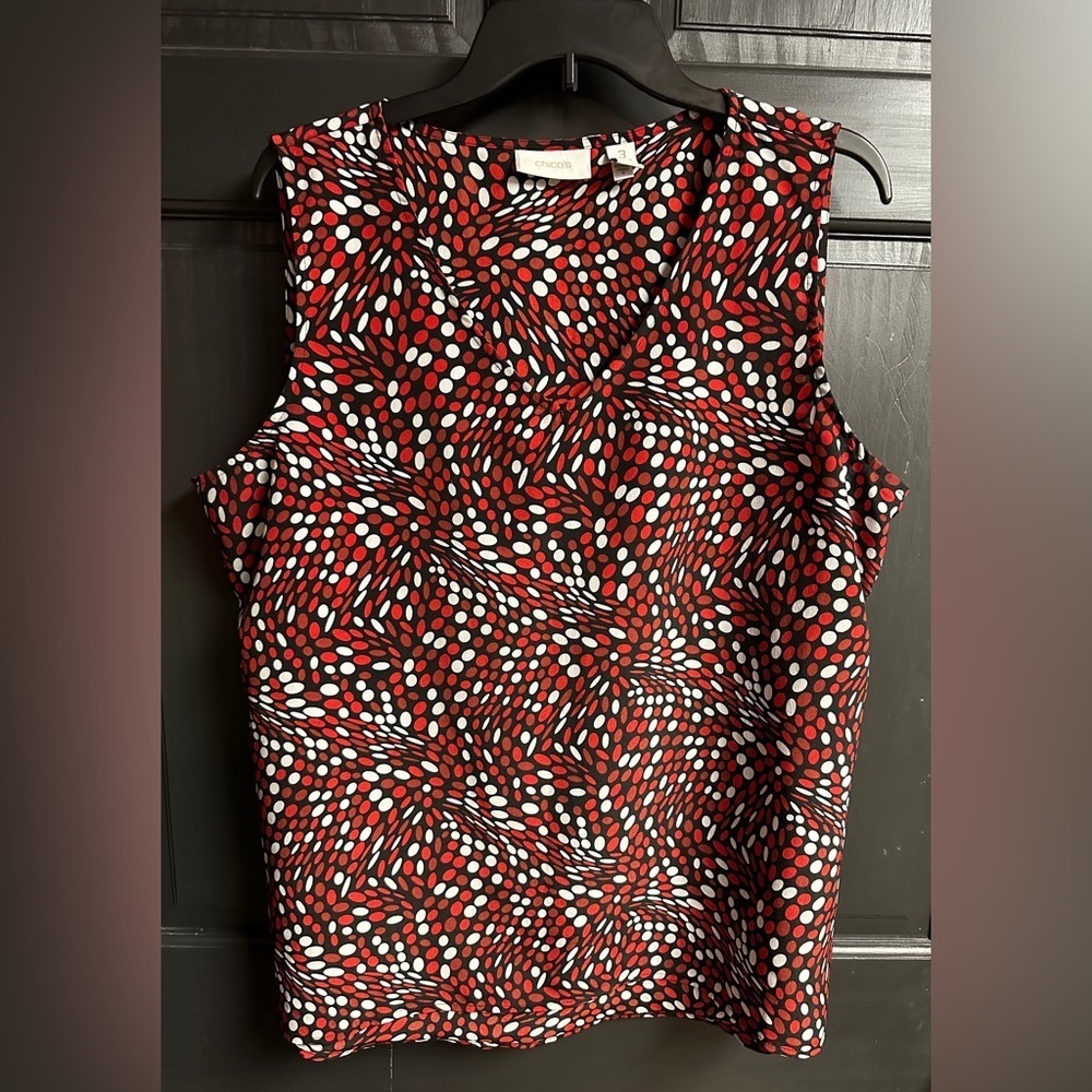 Chico’s Women’s Sz 3/XL 16 Sleeveless V-Neck Top Black, Red & White Dot Design